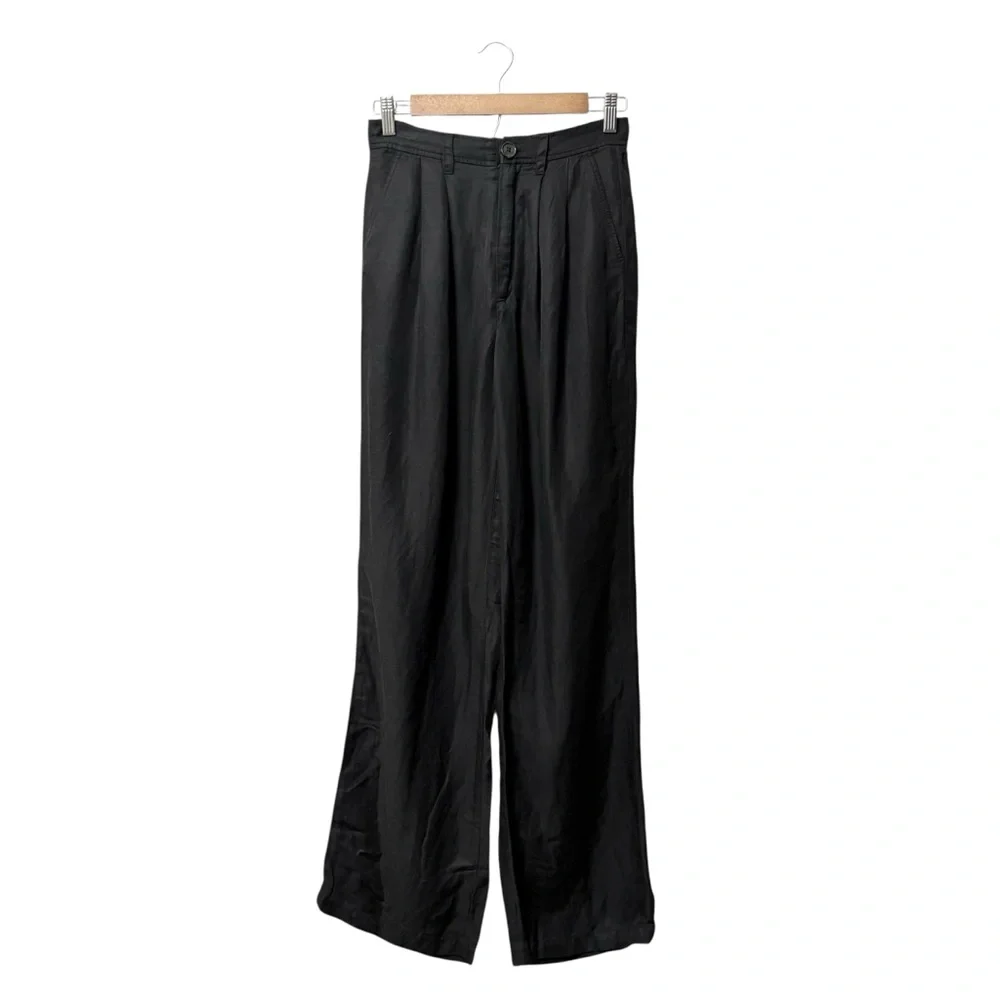 Anine Bing Carrie Pants Black Pleated Front Linen Blend, Size 34 (US Size 4)